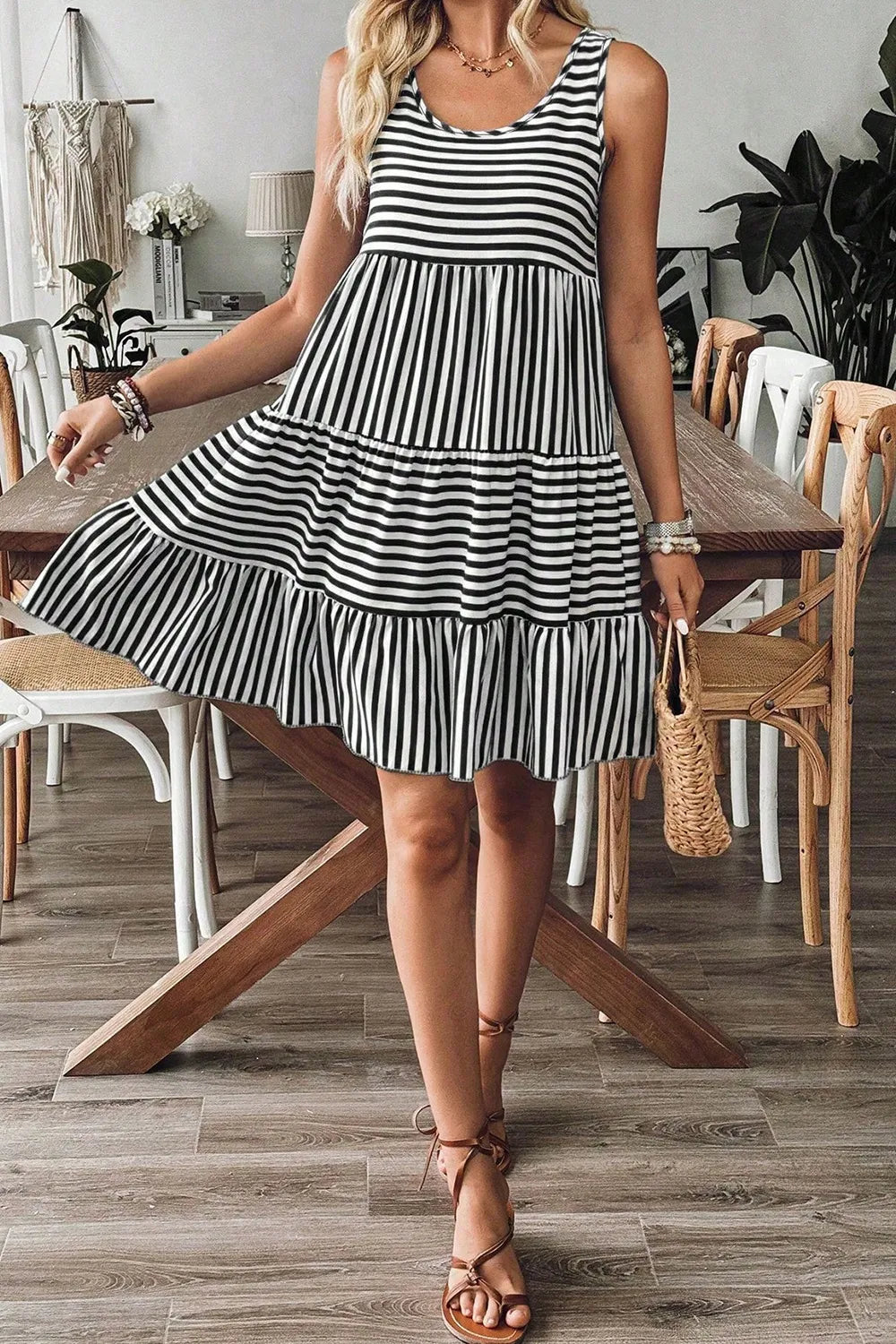 Striped Sleeveless Mini Dress - Tiered Dress for Women - MARIGOLD COLLECTIONS AUSTRALIA