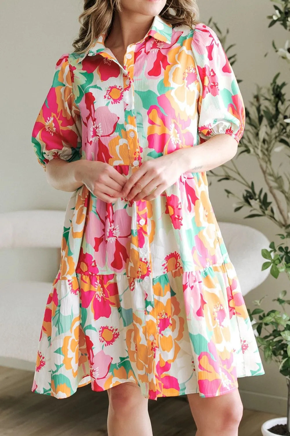 Floral Print Puff Sleeve Shirt Dress - MARIGOLD COLLECTIONS AUSTRALIA