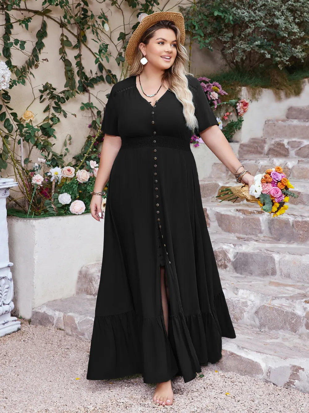 maxi dress with short sleeves australia Plus Size Maxi Dress - Button Down V-Neck