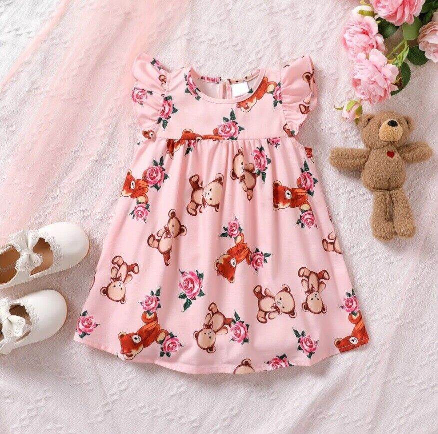 Baby Toddler Dress: Teddy Bear Rose Print Pink Girls Dress - MARIGOLD