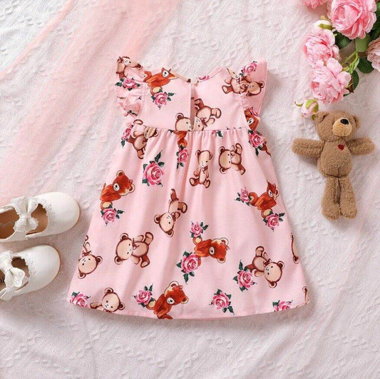 Baby Toddler Dress: Teddy Bear Rose Print Pink Girls Dress - MARIGOLD