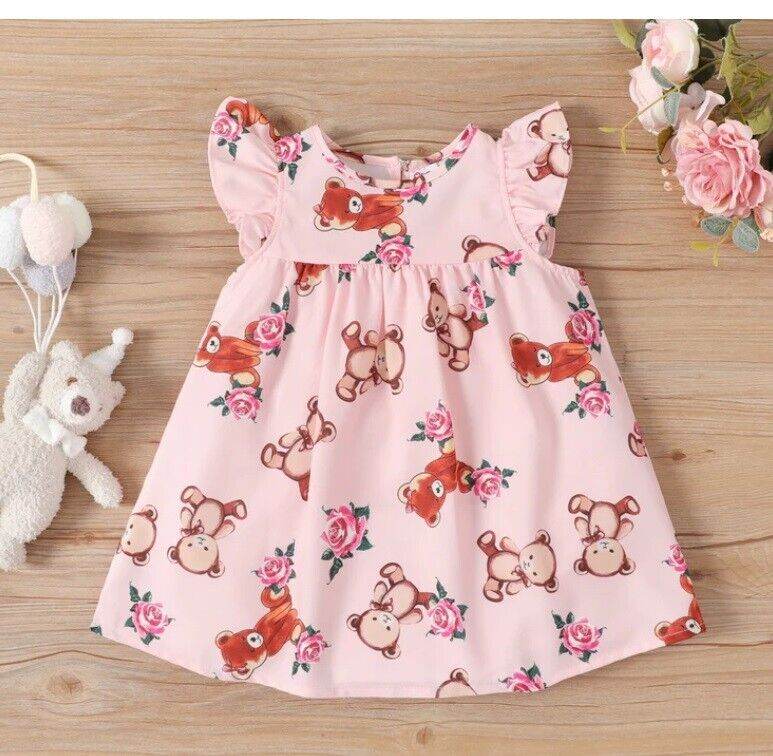 Baby Toddler Dress: Teddy Bear Rose Print Pink Girls Dress - MARIGOLD