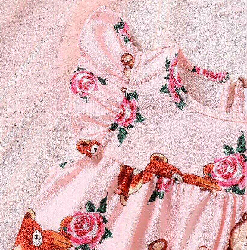 Baby Toddler Dress: Teddy Bear Rose Print Pink Girls Dress - MARIGOLD