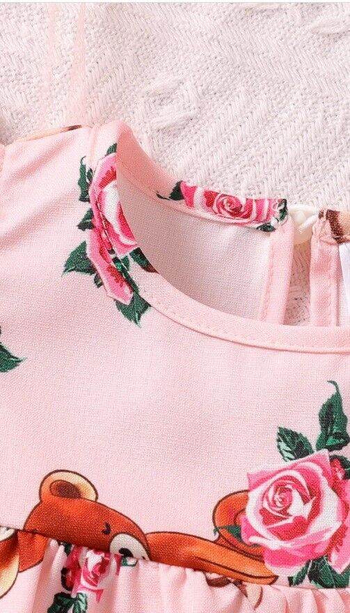 Baby Toddler Dress: Teddy Bear Rose Print Pink Girls Dress - MARIGOLD