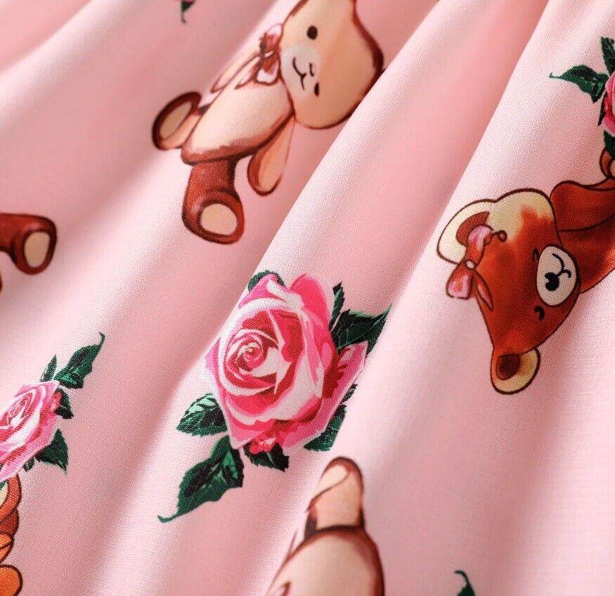 Baby Toddler Dress: Teddy Bear Rose Print Pink Girls Dress - MARIGOLD