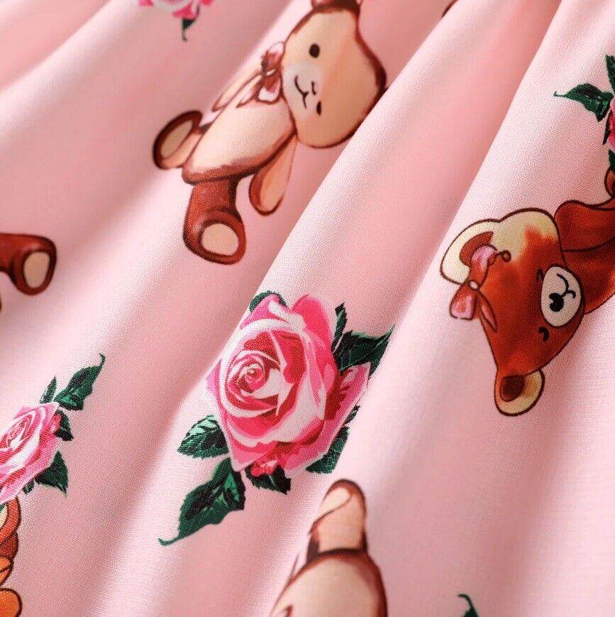 Baby Toddler Dress: Teddy Bear Rose Print Pink Girls Dress - MARIGOLD