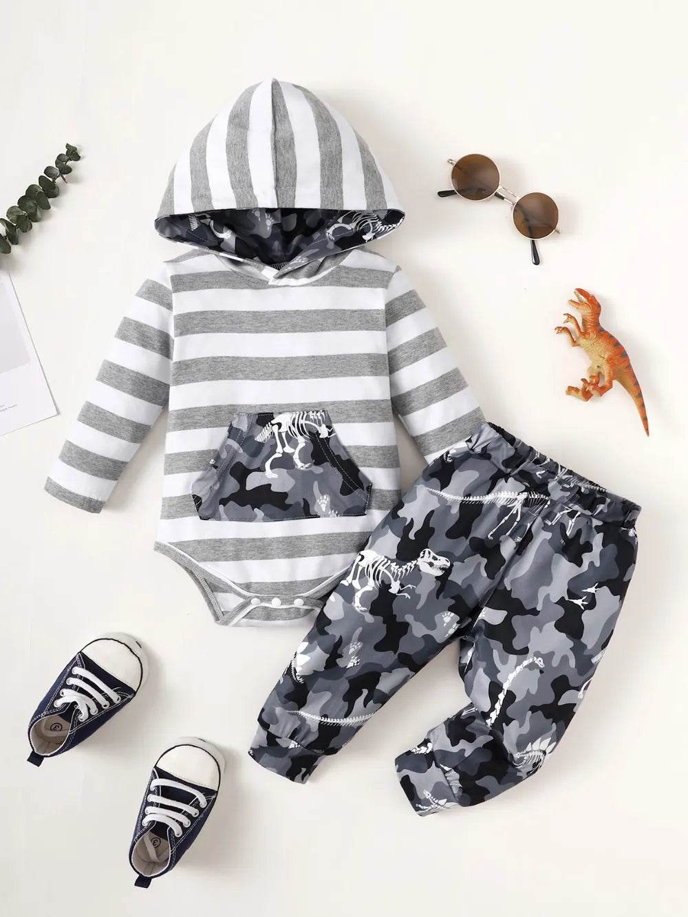 Striped Hooded Bodysuit and Dino Camouflage Print Pants Set - MARIGOLD