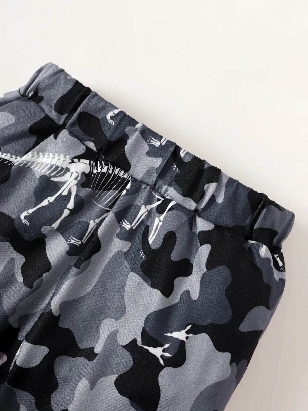 Striped Hooded Bodysuit and Dino Camouflage Print Pants Set - MARIGOLD