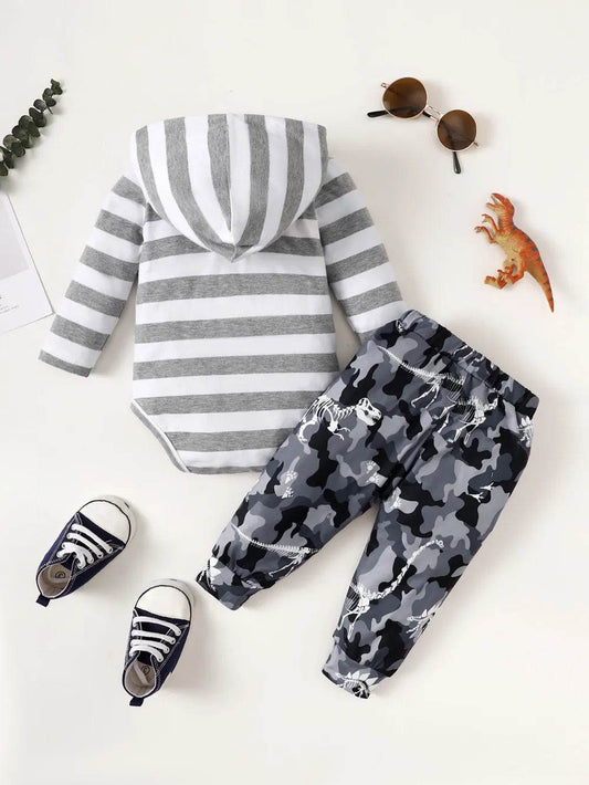 Striped Hooded Bodysuit and Dino Camouflage Print Pants Set - MARIGOLD