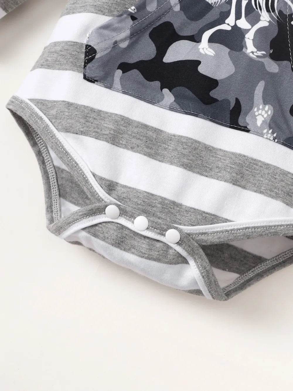 Striped Hooded Bodysuit and Dino Camouflage Print Pants Set - MARIGOLD