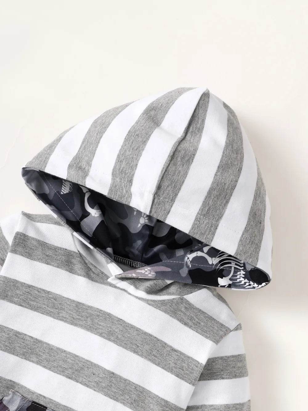 Striped Hooded Bodysuit and Dino Camouflage Print Pants Set - MARIGOLD