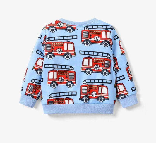 New Boys' Top - Blue Long Sleeve with Red Fire Engine Print - MARIGOLD