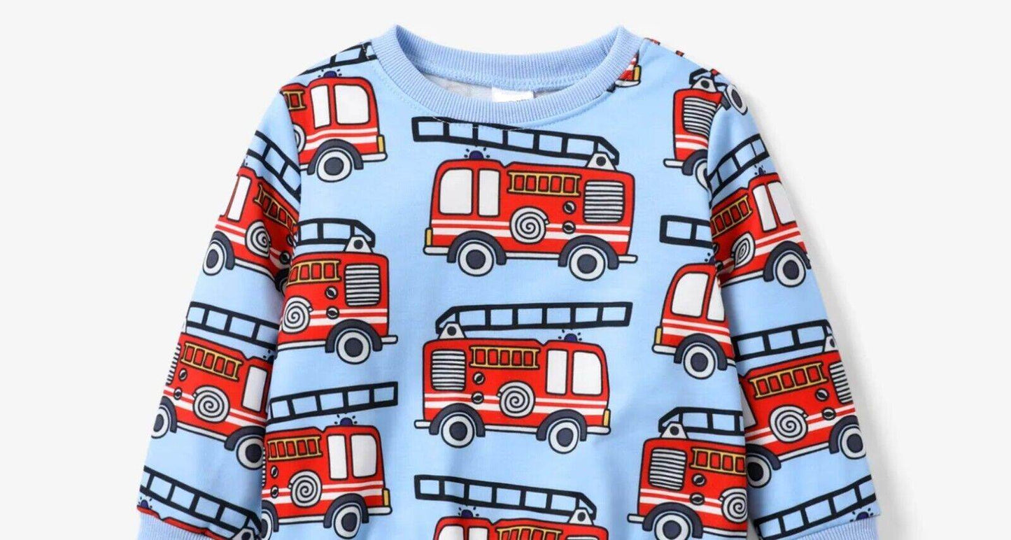 New Boys' Top - Blue Long Sleeve with Red Fire Engine Print - MARIGOLD
