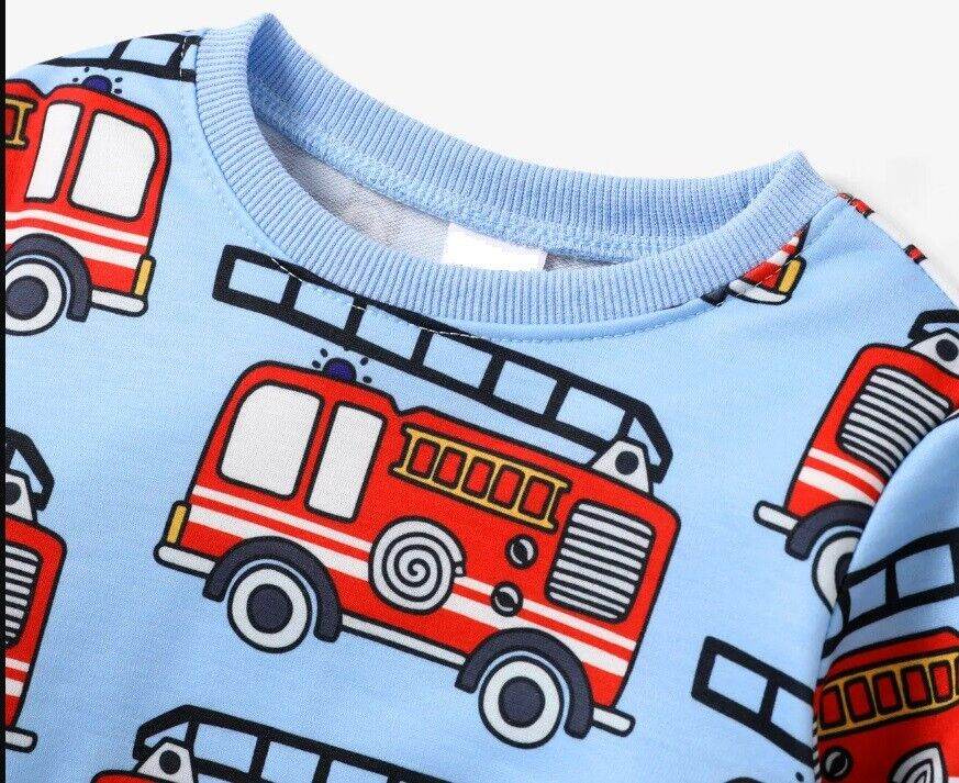 New Boys' Top - Blue Long Sleeve with Red Fire Engine Print - MARIGOLD