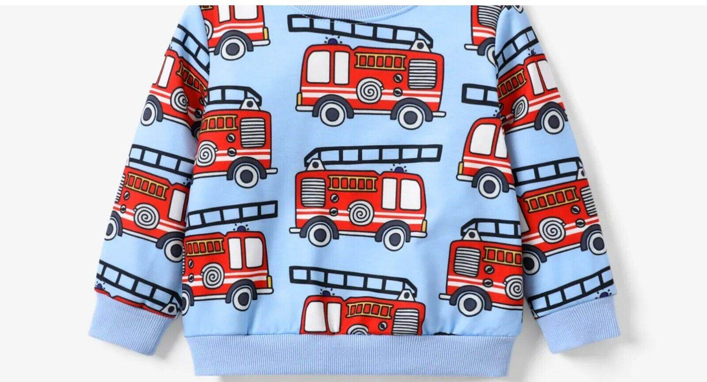 New Boys' Top - Blue Long Sleeve with Red Fire Engine Print - MARIGOLD