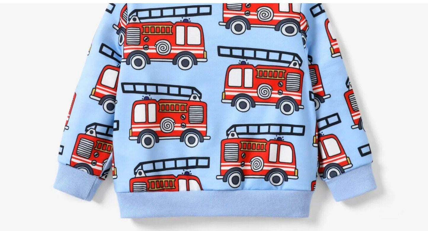 New Boys' Top - Blue Long Sleeve with Red Fire Engine Print - MARIGOLD