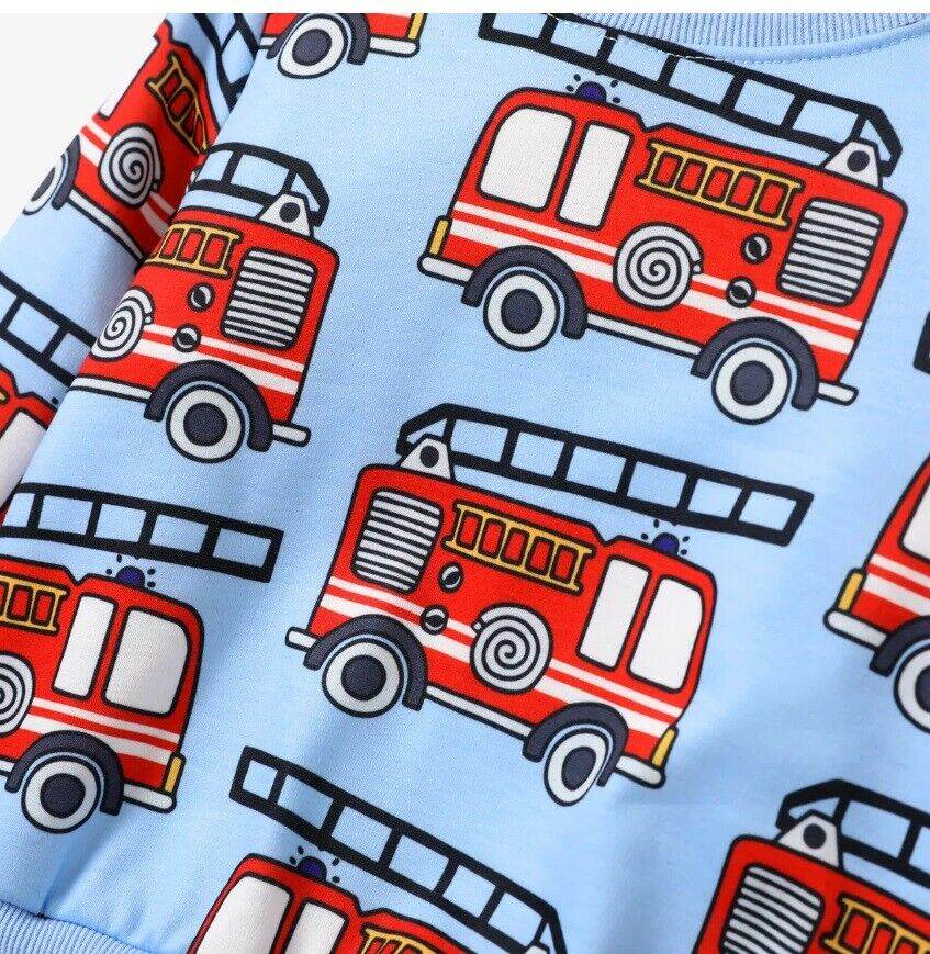New Boys' Top - Blue Long Sleeve with Red Fire Engine Print - MARIGOLD