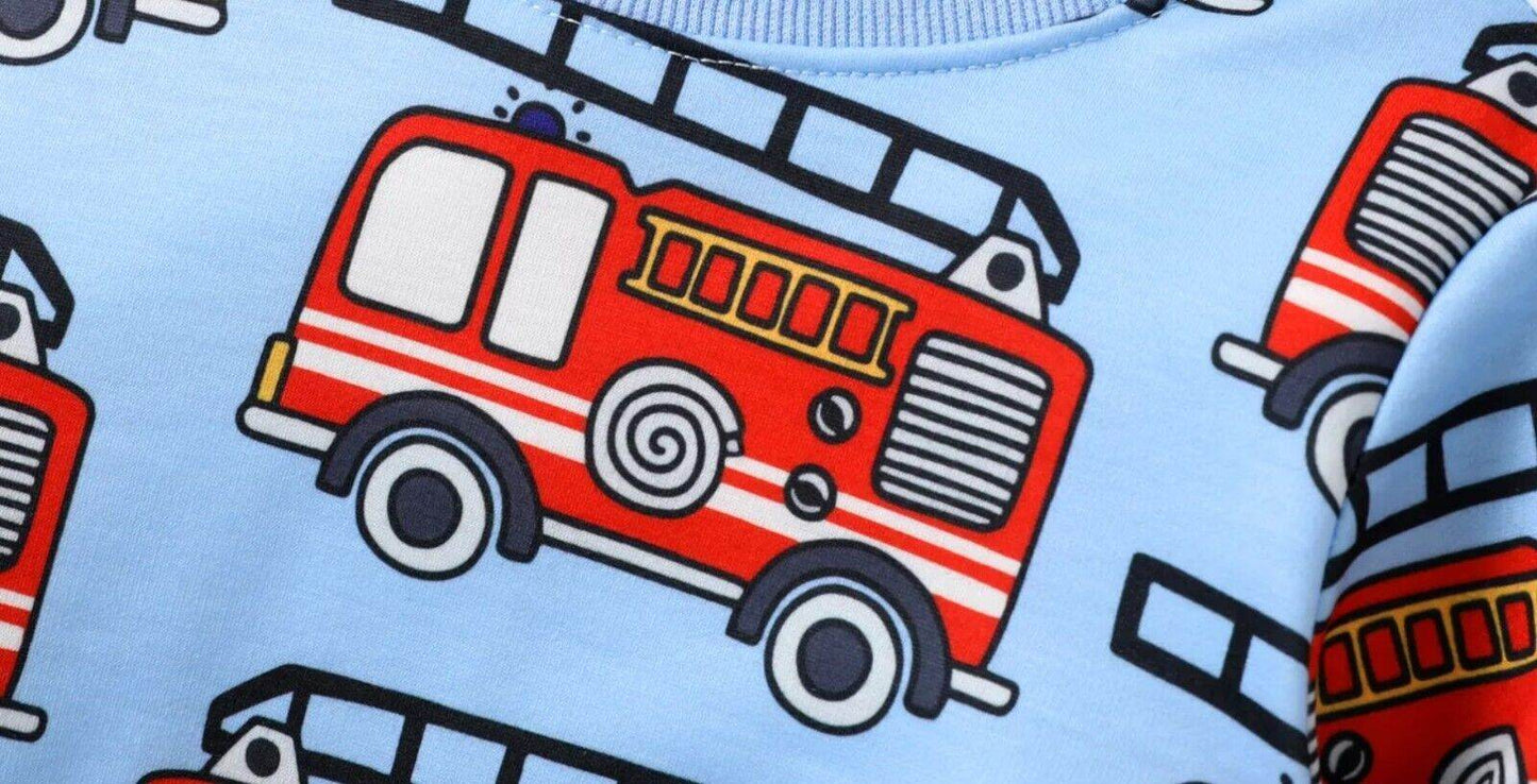 New Boys' Top - Blue Long Sleeve with Red Fire Engine Print - MARIGOLD