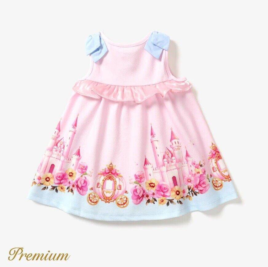 Princess Castle and Carriage Print Pink Baby Girls Dress - MARIGOLD