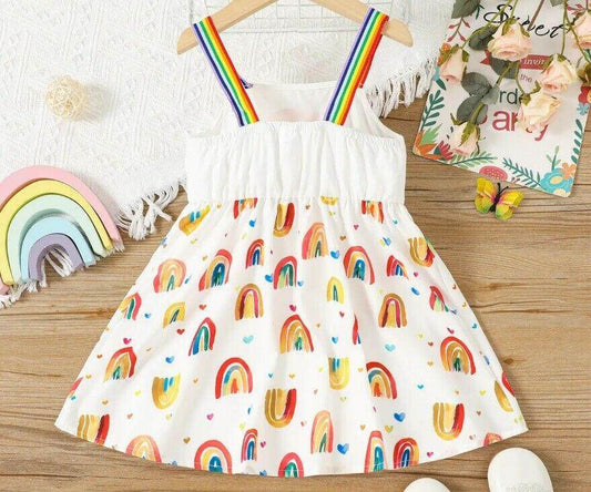 Girls Dress-Girls' Watercolour Rainbow and Hearts Print Party Dress - MARIGOLD