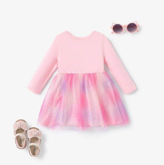 Girls Dress- Glitter Gold Star Pink Tulle Girls Dress - MARIGOLD