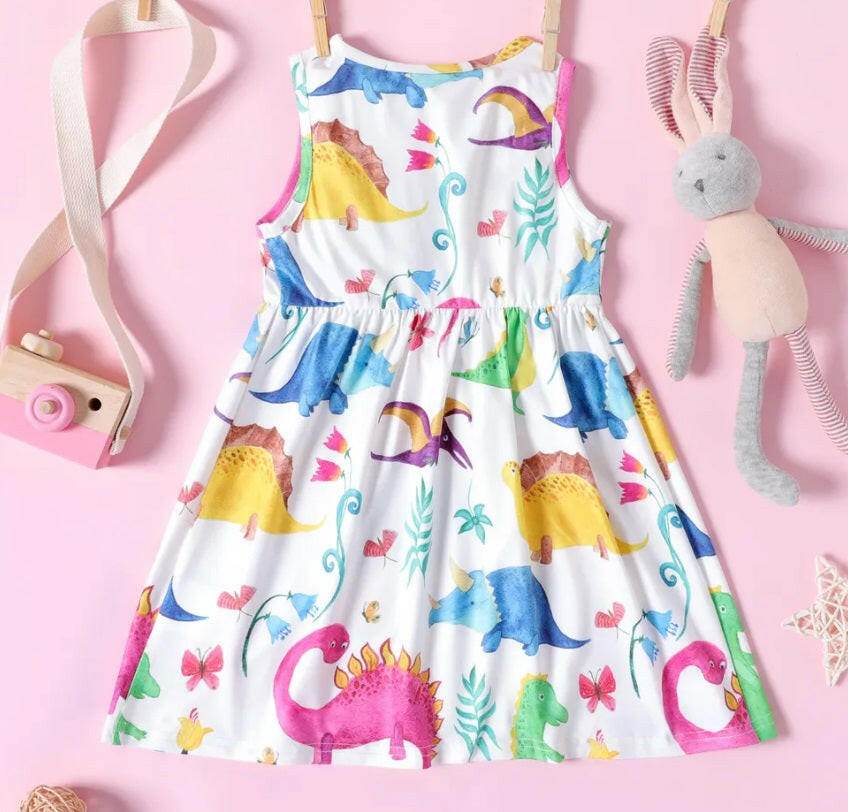 Girls Colourful Dinosaur Print Dress - MARIGOLD