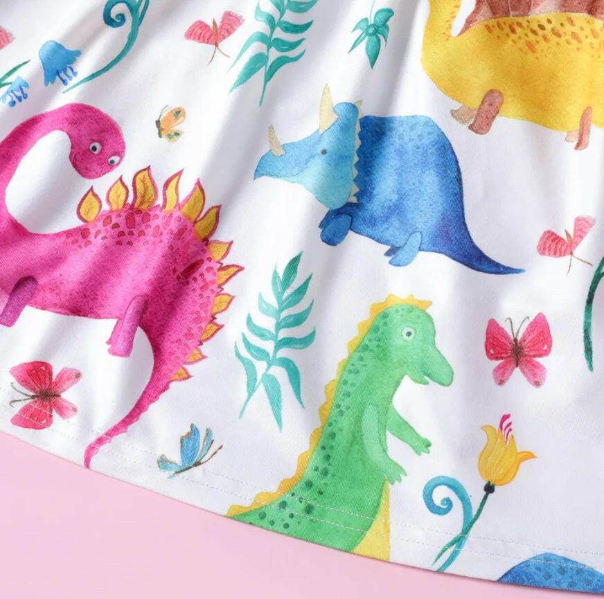Girls Colourful Dinosaur Print Dress - MARIGOLD