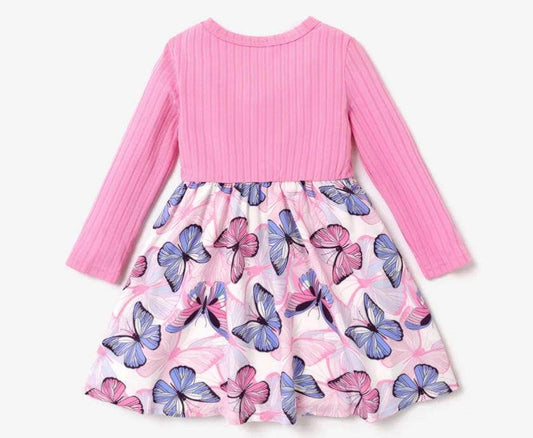 New Girls Dress: Pink Long Sleeve Butterfly Bow Dress - MARIGOLD