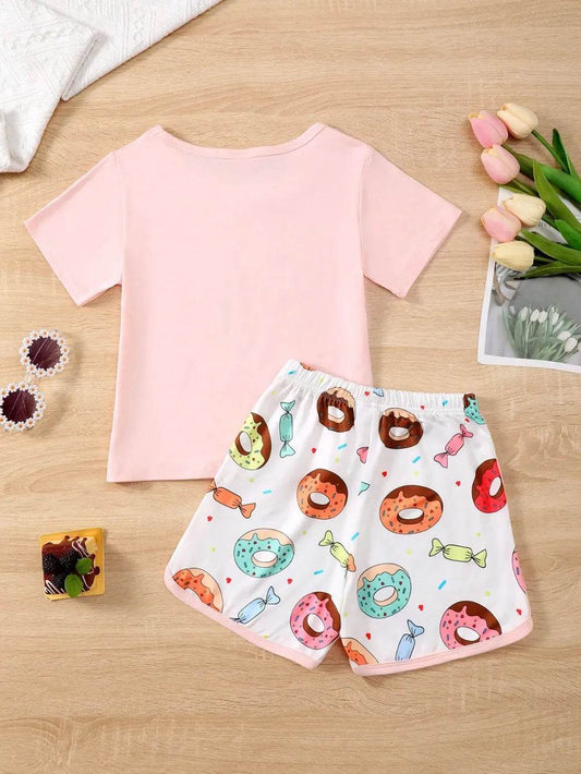 Donut Print T-Shirt and Shorts Set - MARIGOLD