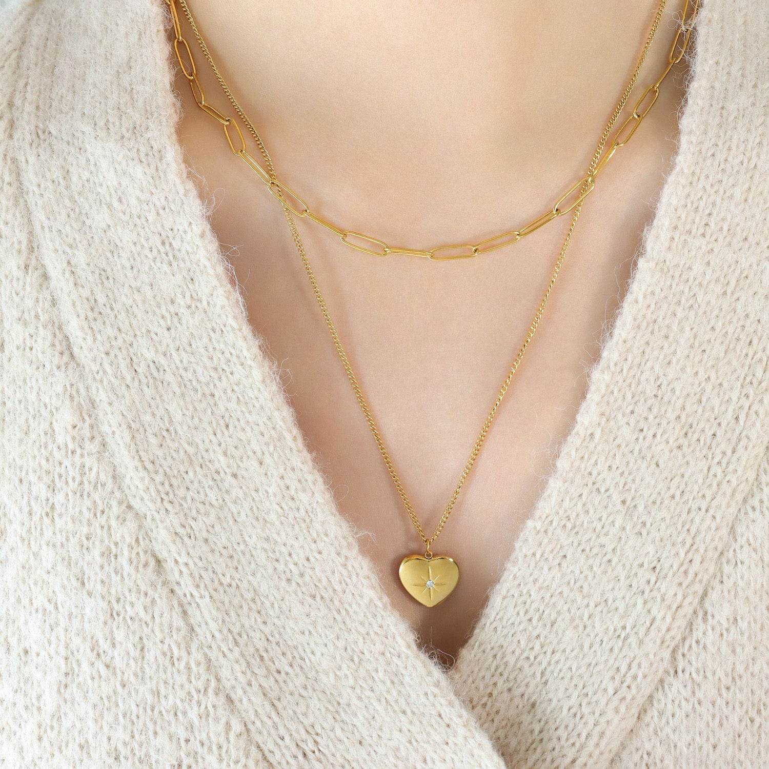 Double-Layered Heart Pendant Titanium Necklace - MARIGOLD