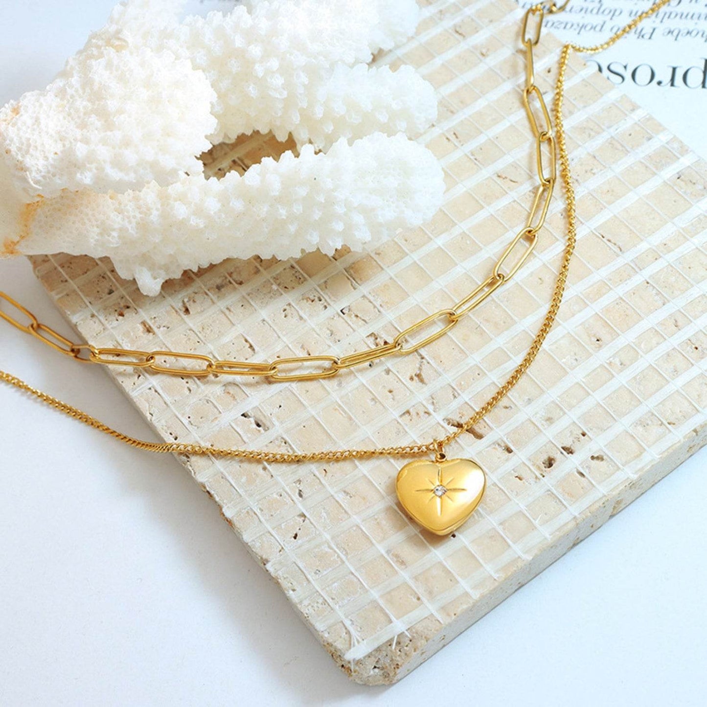Double-Layered Heart Pendant Titanium Necklace - MARIGOLD