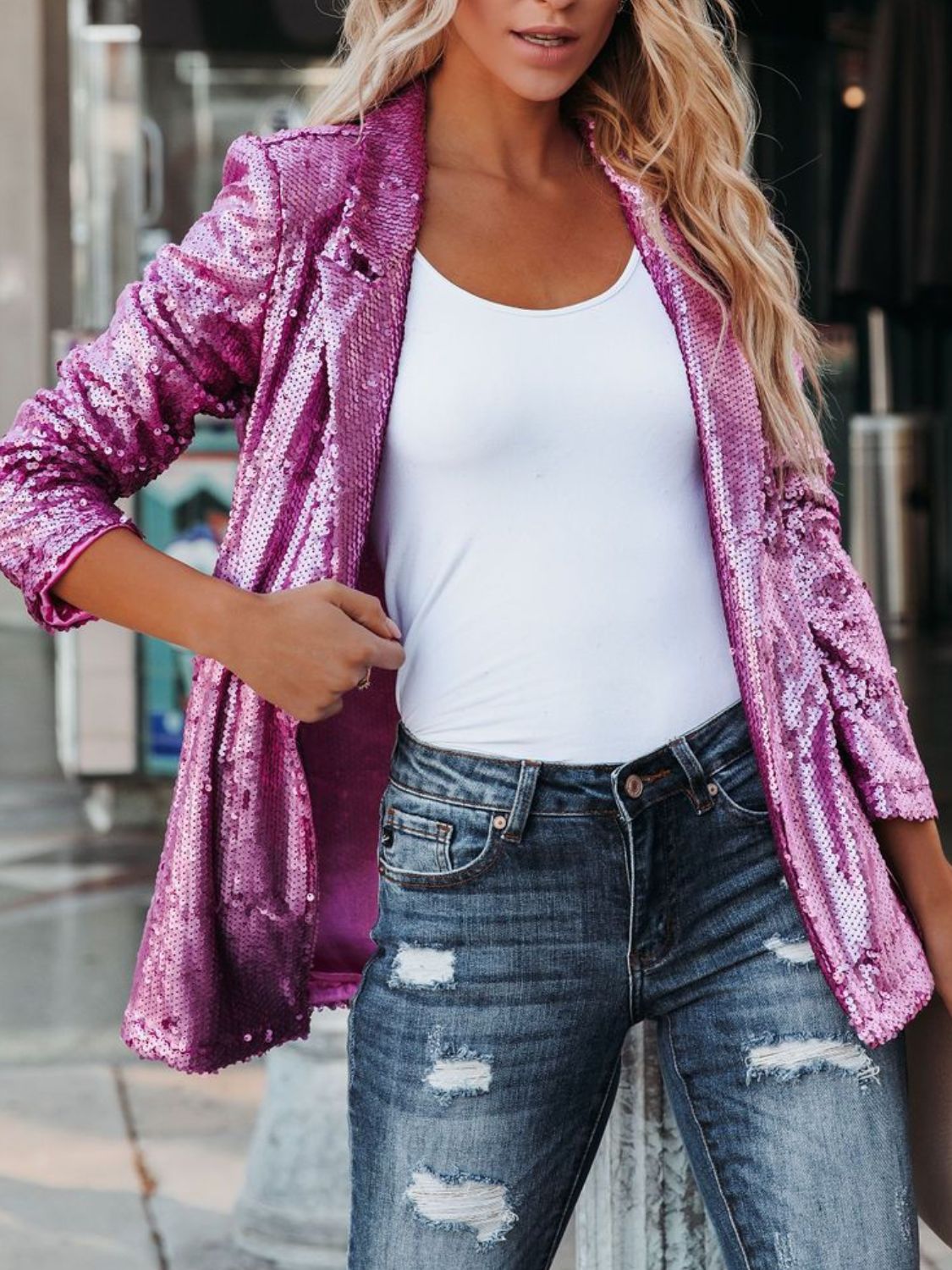 Sparkling Sequin Lapel Long Sleeve Blazer - MARIGOLD