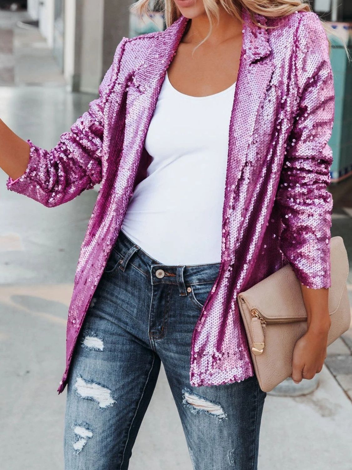 Sparkling Sequin Lapel Long Sleeve Blazer - MARIGOLD