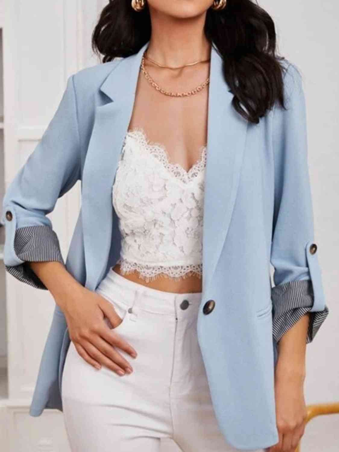 Classic Lapel Collar Roll-Tab Sleeve Blazer - MARIGOLD