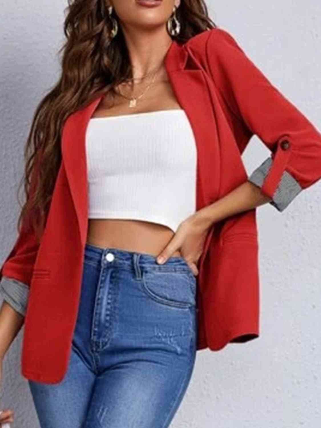 Classic Lapel Collar Roll-Tab Sleeve Blazer - MARIGOLD