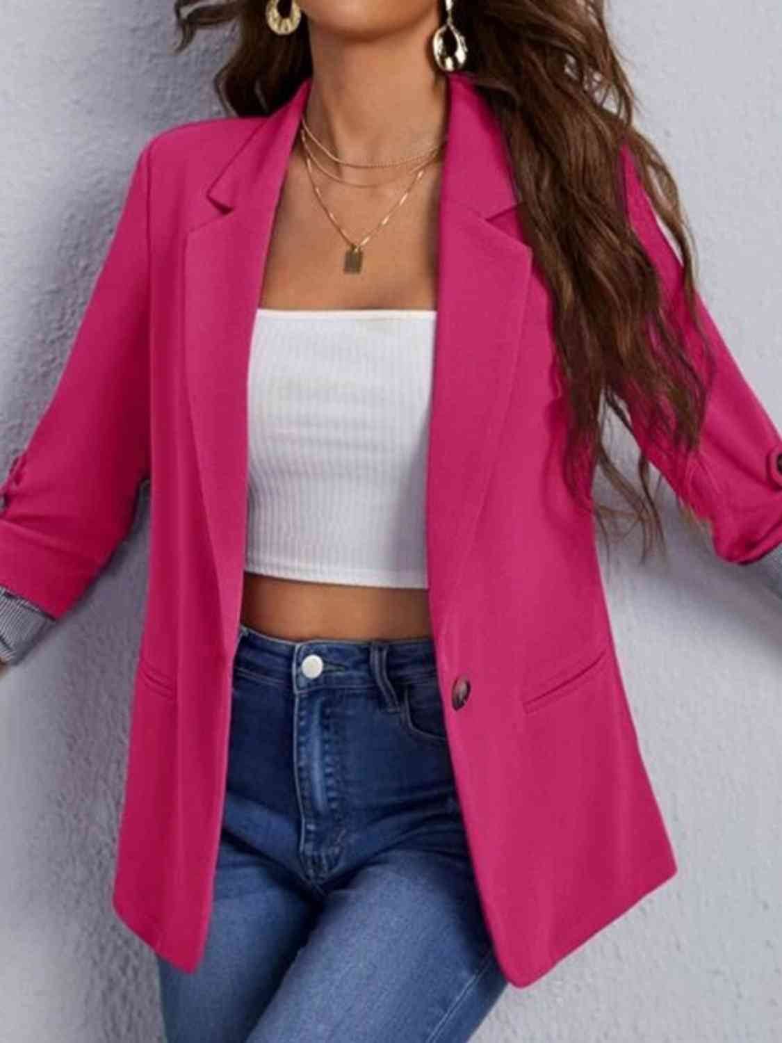 Classic Lapel Collar Roll-Tab Sleeve Blazer - MARIGOLD