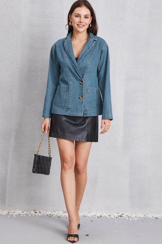 Pocketed button-up denim blazer jacket - MARIGOLD