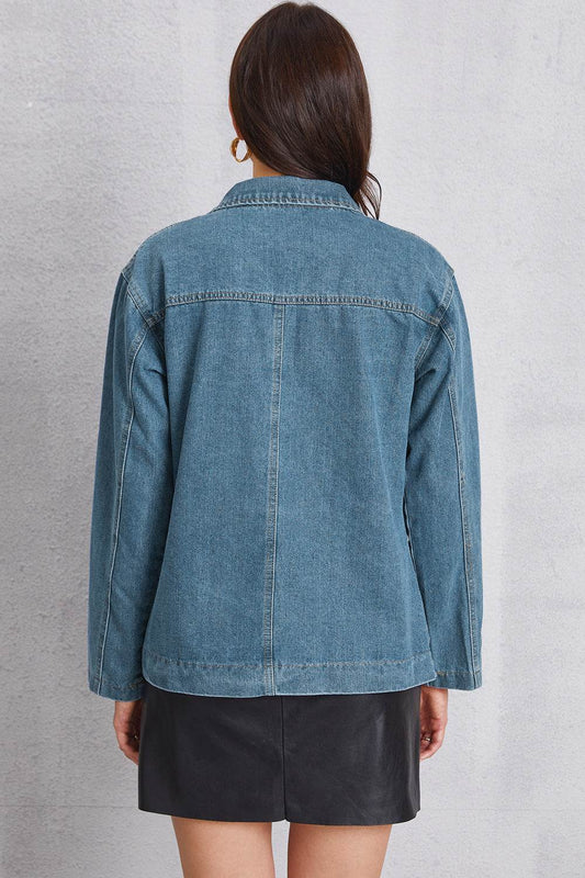 Pocketed button-up denim blazer jacket - MARIGOLD