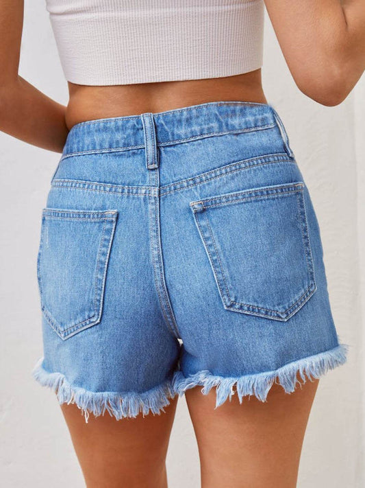 Distressed Raw Hem Denim Shorts - MARIGOLD