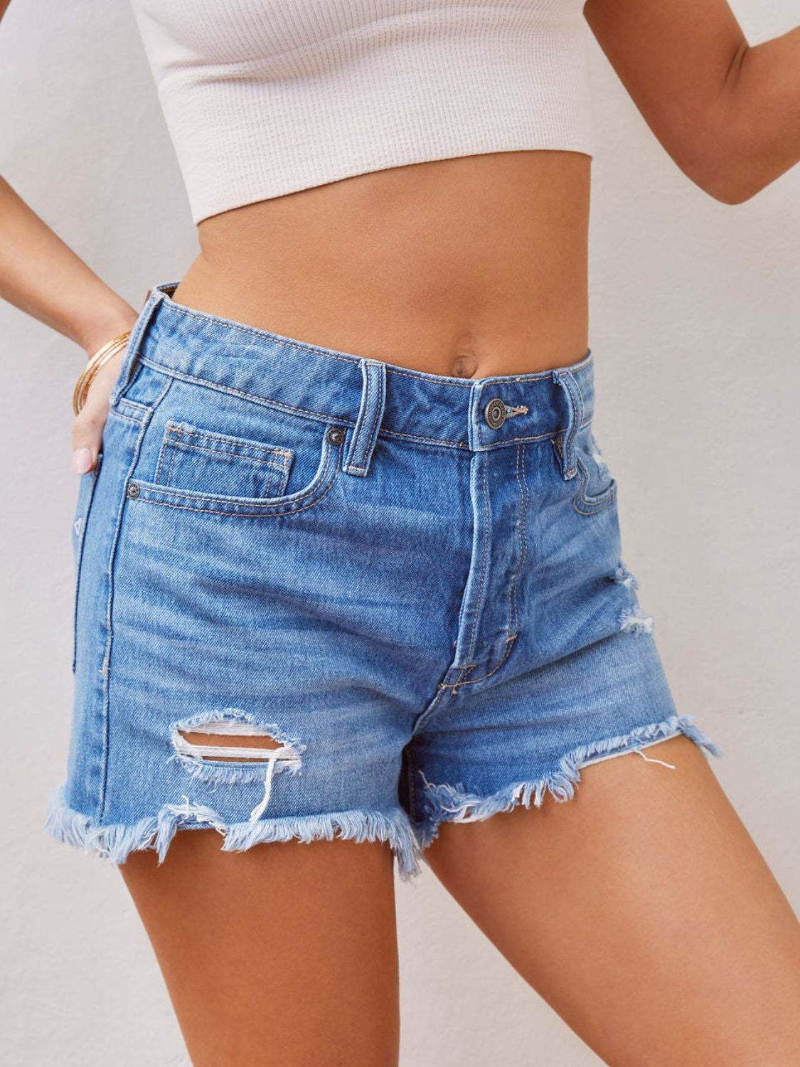 Distressed Raw Hem Denim Shorts - MARIGOLD