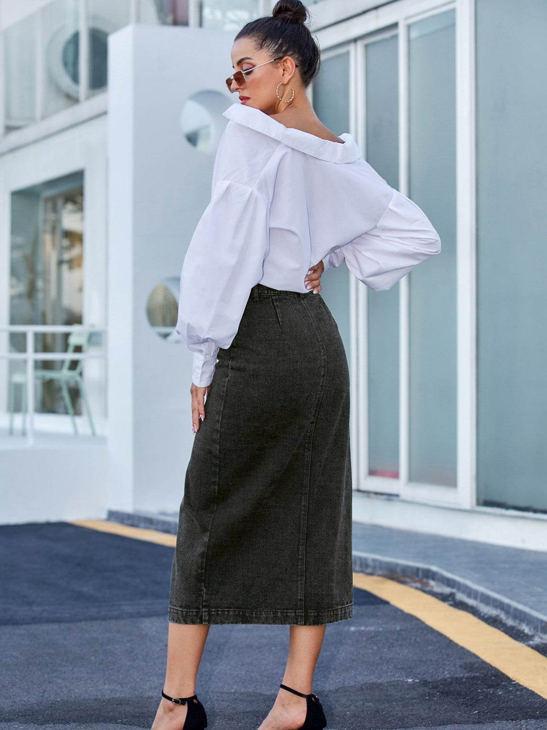 Stylish Button-Down Slit Denim Midi Skirt - MARIGOLD