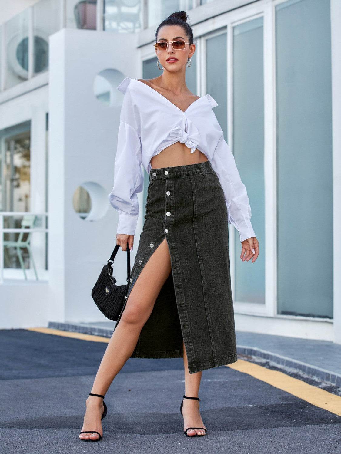 Stylish Button-Down Slit Denim Midi Skirt - MARIGOLD