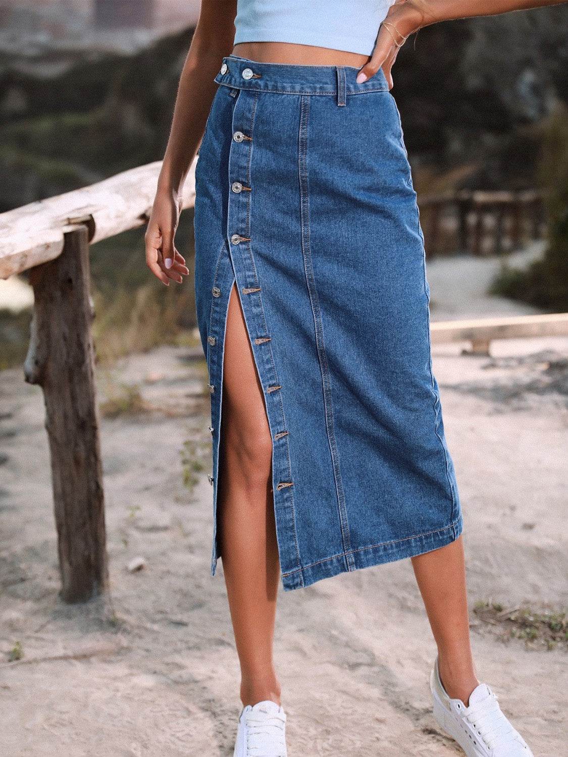 Stylish Button-Down Slit Denim Midi Skirt - MARIGOLD