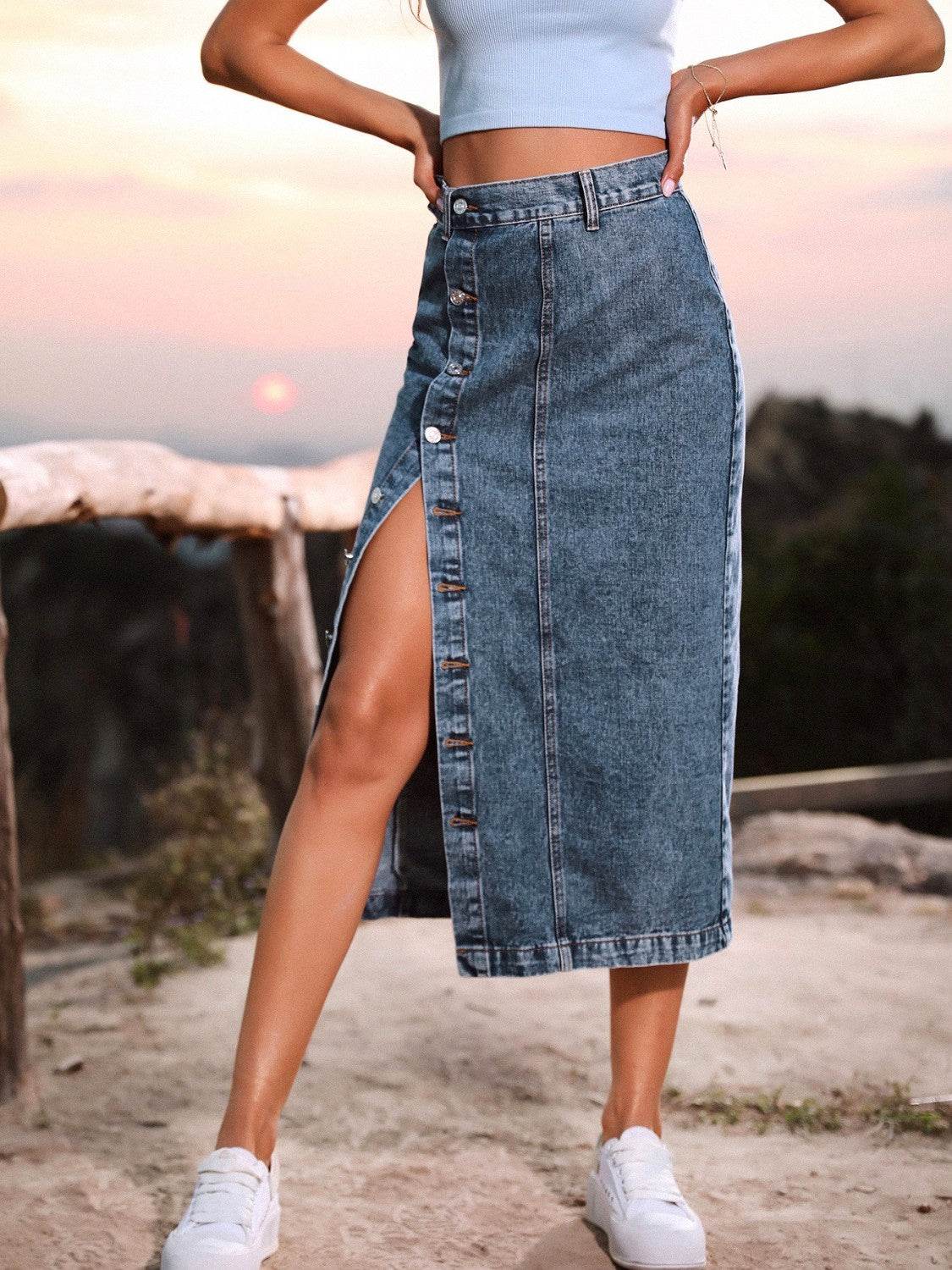 Stylish Button-Down Slit Denim Midi Skirt - MARIGOLD