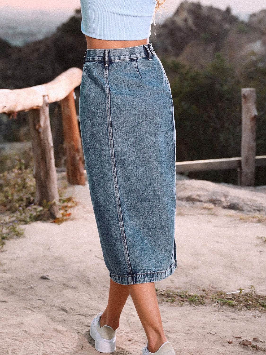 Stylish Button-Down Slit Denim Midi Skirt - MARIGOLD