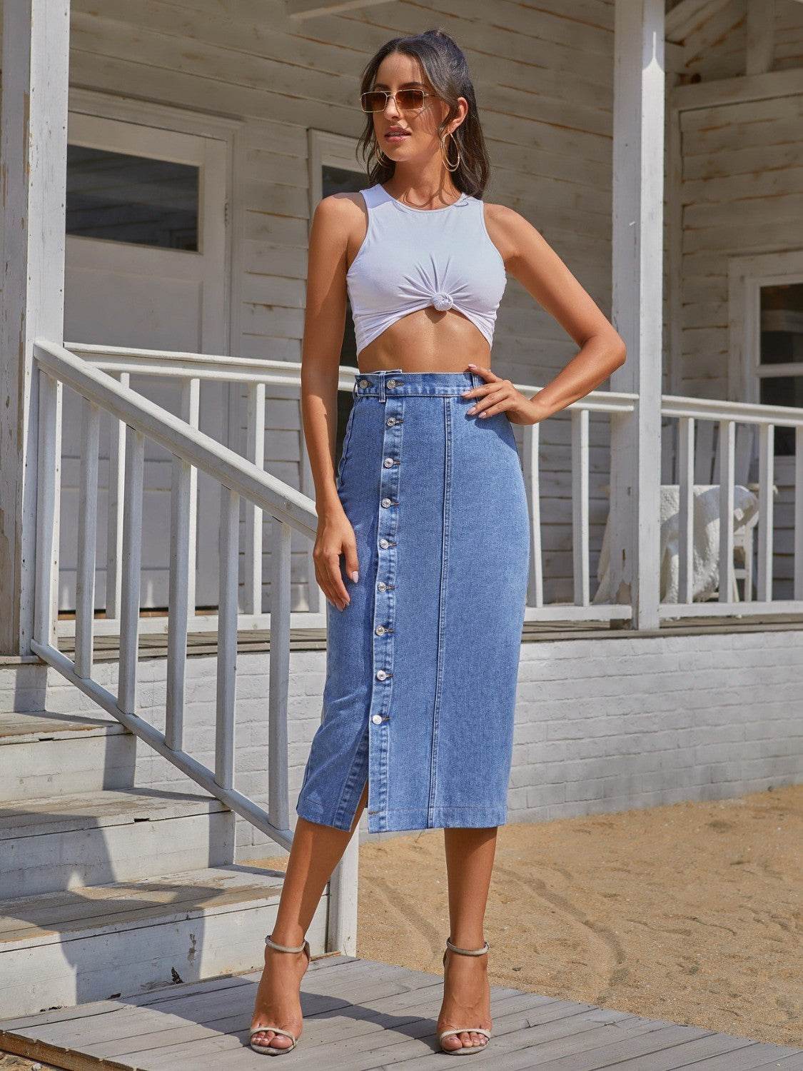 Stylish Button-Down Slit Denim Midi Skirt - MARIGOLD