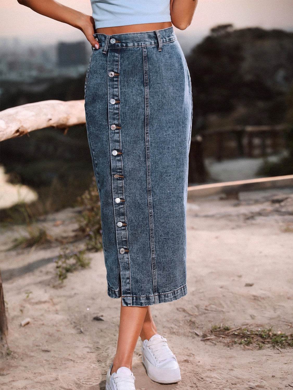 Stylish Button-Down Slit Denim Midi Skirt - MARIGOLD