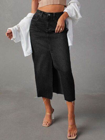 Raw Hem Front Slit Denim Midi Skirt - MARIGOLD