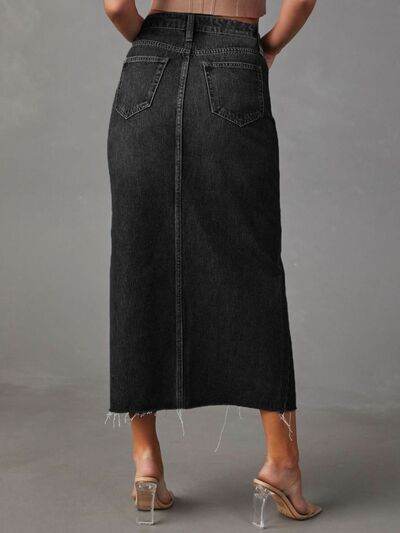Raw Hem Front Slit Denim Midi Skirt - MARIGOLD