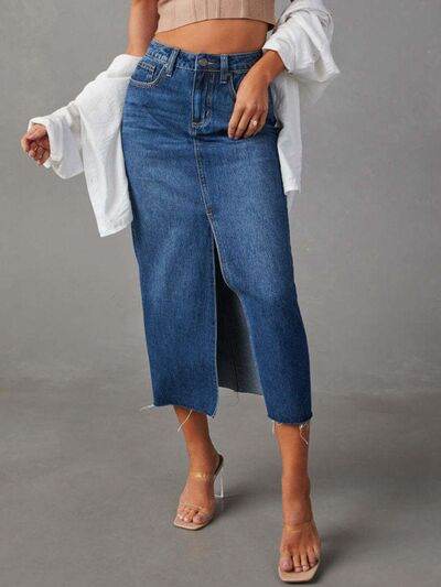 Raw Hem Front Slit Denim Midi Skirt - MARIGOLD